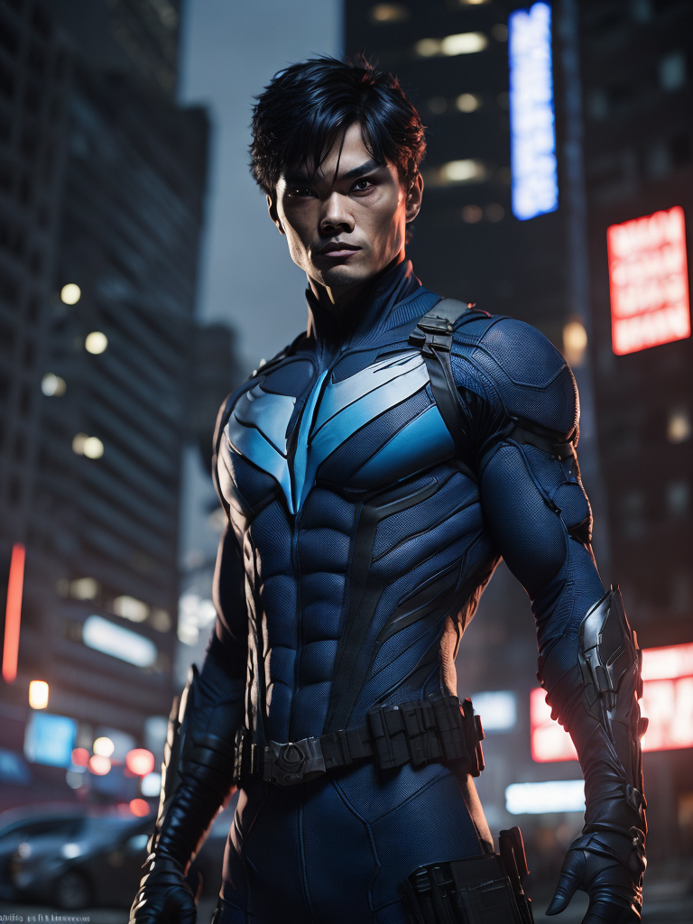 Nightwing, ultra realistic, destroyed city background, asian, 8k, dc comics