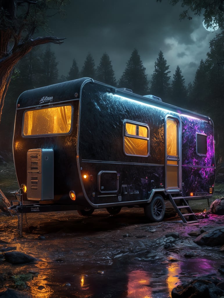 Alien camping trailer made of black alien liquid, translucent with neon lights, liquid dripping from the trailer, dark atmosphere