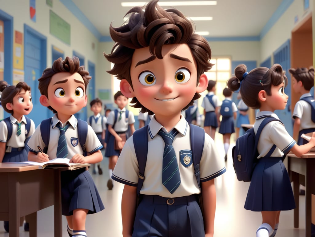 Disney pixar 3 Okul koridorunda bir erkek masanın başında bekliyor elinde notlar var saçları iyi yandan ayrılmış gözleri çekik yüzü çok güzel karşıdan bir kız geliyor saçı yukardan bağlı üstünde okul forması var bir an göz göze geliyorlar kızın heyecandan kalbi duracak gibi oluyor