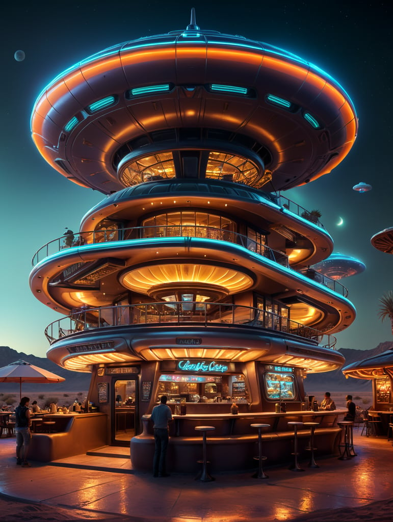 futuristic ufo cafe, desert, an night, neon, glass
