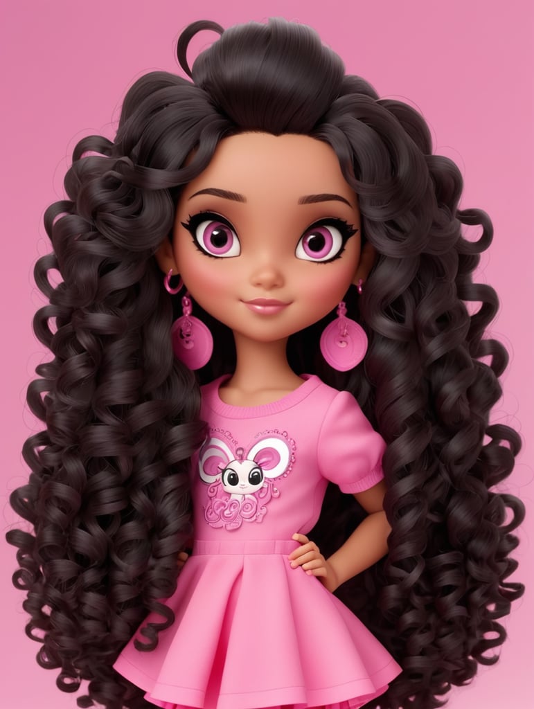 long black medium curly hair, dark brown eyes, pink outfit, bratz doll style