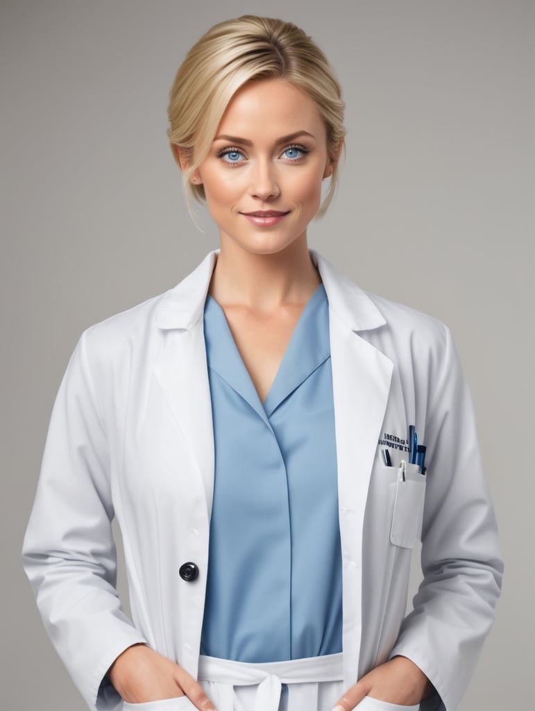 geef me een vrouw in haar 30 met blond kort haar in een chignon , blauwe oogen , met een labo jas , voldig lichaam