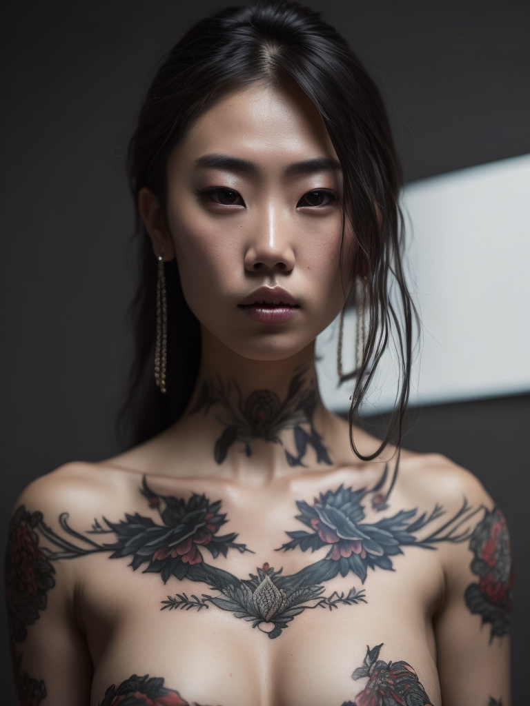 Young beautiful female Korean tattoo model, cute tattoo over whole body, hyperrealistic, photorealistic, masterpiece, award winning photography