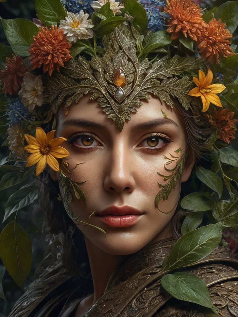 leaves and flowers covering woman's face