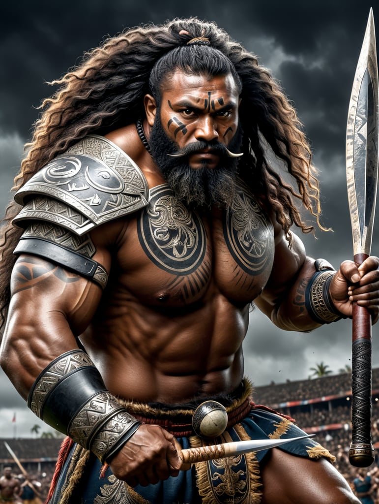 A fearless Fiji traditional warrior with long Fijian hair holding a war club with one hand, and a rugby ball on the other hand