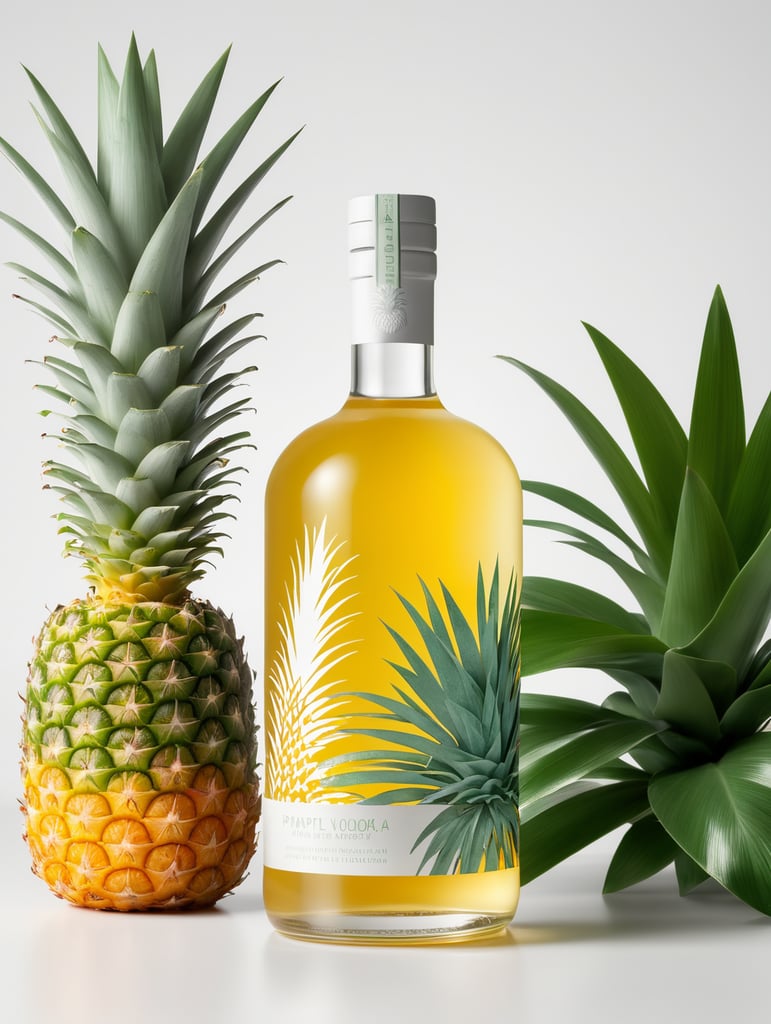 Packaging and branding for a pineapple vodka brand as if it had been designed by HI ESTUDIO with In a set design with pineapple, pineapple leaves.