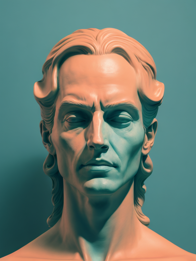Human head on a pink colored background, in the style of dark cyan and light aquamarine, neoclassical sculptures, photo - realistic techniques, light cyan and orange, fluid photography, photo - realistic hyperbole, neoclassical figures, live eyes