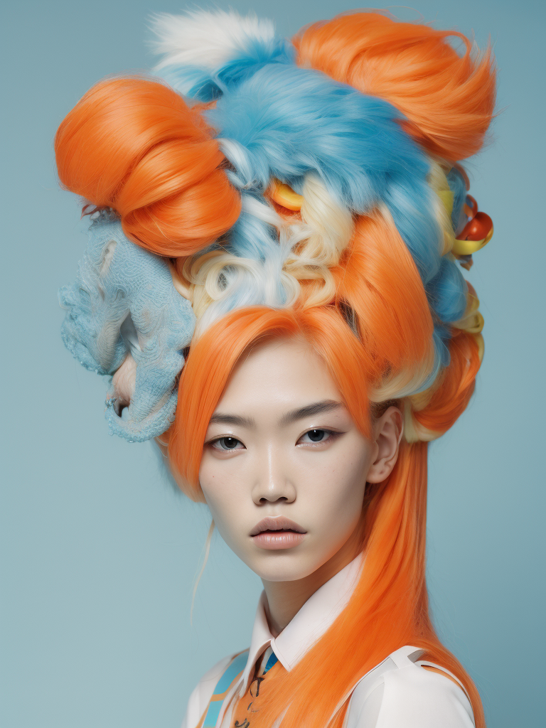 girls with toy characters and bright hair wearing colorful hair accessories, in the style of joong keun lee, multi-layered, dinocore, ren hang, pattern explosion, plasticien, light orange and light blue