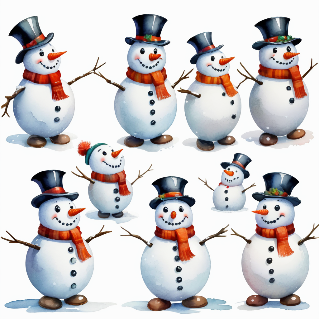 Snowman, different angles and expressions, full body only character sheets, multiple poses, white background, whimsical watercolor