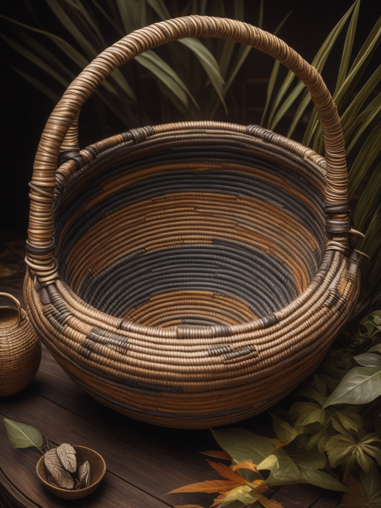 Foto de artesanía precolombina, una canasta hecha a mano con hojas de palma seca