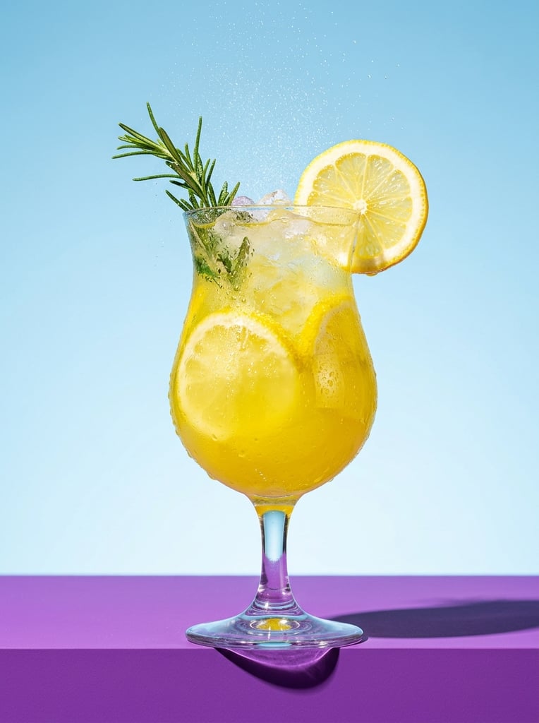 A chilled, vibrant yellow beverage in a curved glass rests on a bold purple surface against a seamless light blue gradient background. The tulip-shaped glass is filled to the brim with crushed ice and a luminous, citrus-yellow liquid. Heavy condensation drops cling to the exterior glass walls, catching bright studio highlights. A translucent round lemon wheel is perched on the right rim alongside a fresh green sprig of rosemary emerging from the top left. Above the glass, a fine mist of tiny droplets is frozen mid-air. The scene is illuminated by crisp, directional studio lighting that casts a sharp, deep shadow from the base of the stemware onto the flat purple ledge, emphasizing the vivid, color-blocked composition and high-contrast commercial photography style.