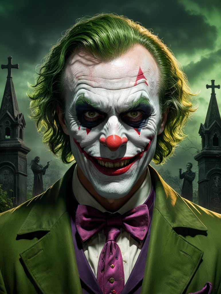 Portrait of a scientist in a joker costume for Halloween, scary makeup on his face, dark atmosphere, vintage style, green and pink colors, highly detailed photo, professional photo, against the backdrop of an old creepy cemetery, contrasting light, bright colors