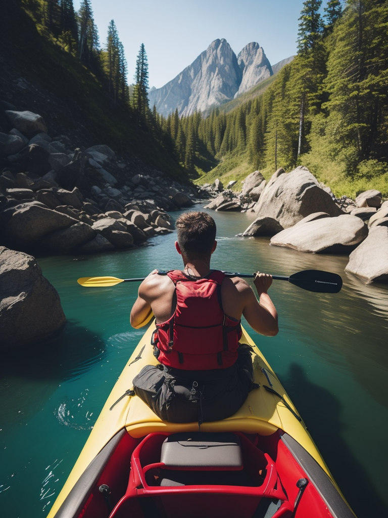 A man is kayaking on a mountain river, mountains, blue sky, high detail, rear view, forest, rocks, Very High details, Vibrant colors, sharp on details