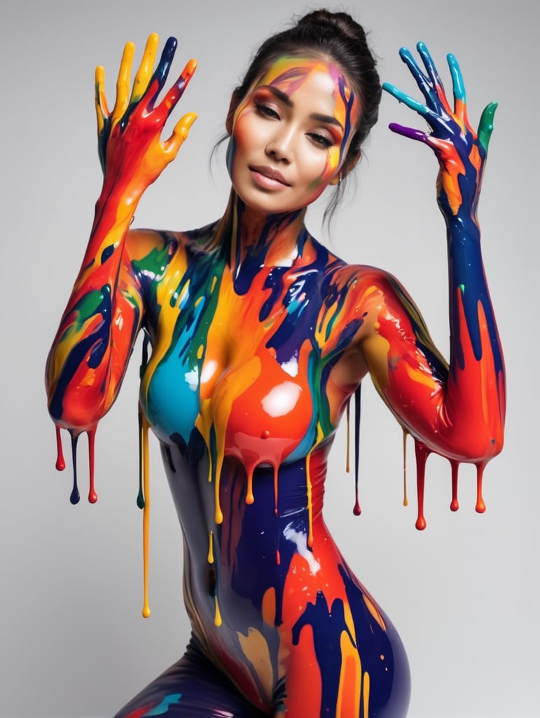 Woman with colorful paint on her body and arms, melted body, the paint is flowing, creative, bright colors