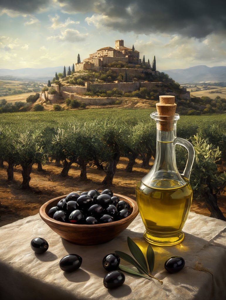olive oil scene. black olives drizzled with oil and transparent bottles filled with olive oil. The olives should have the right texture, with a backdrop of an olive field with an ancient castle on the horizon.