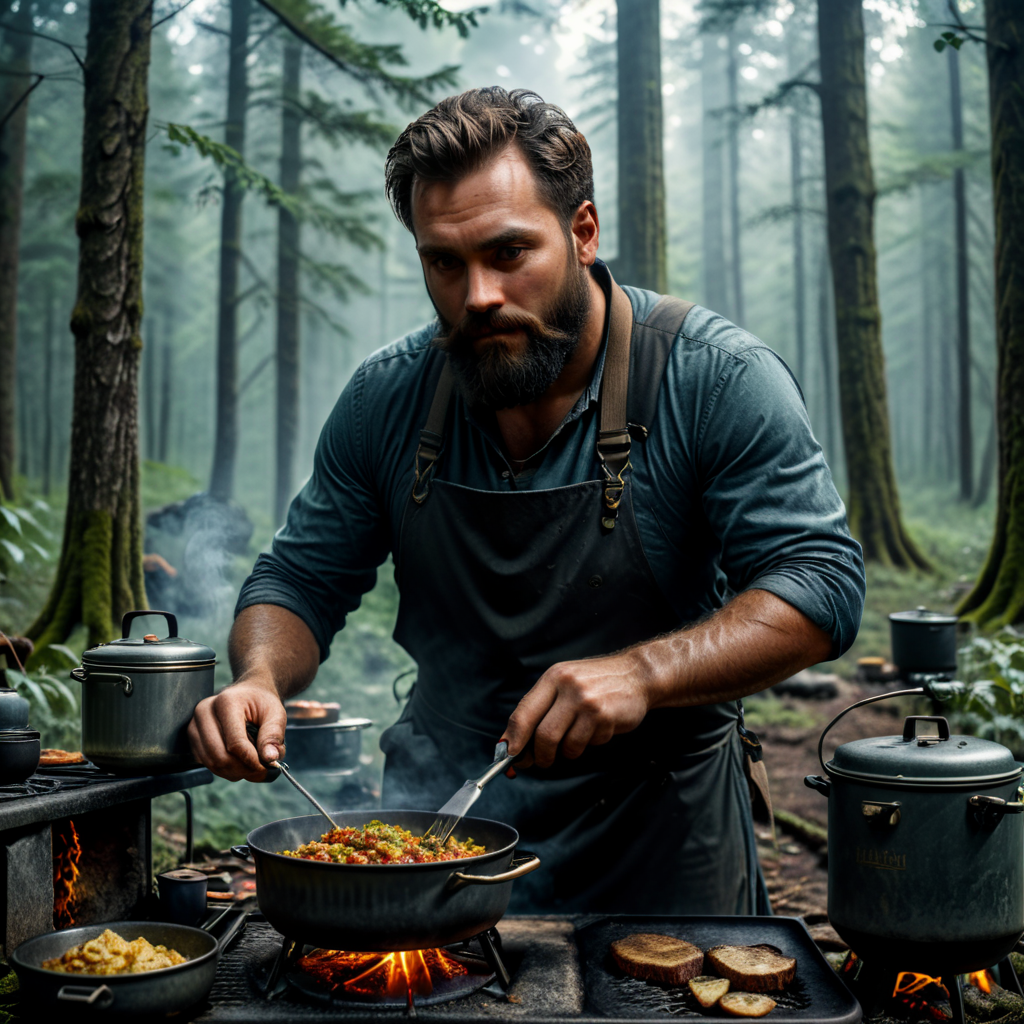 bearded man making food on a camping stove in front a Appalachian forest