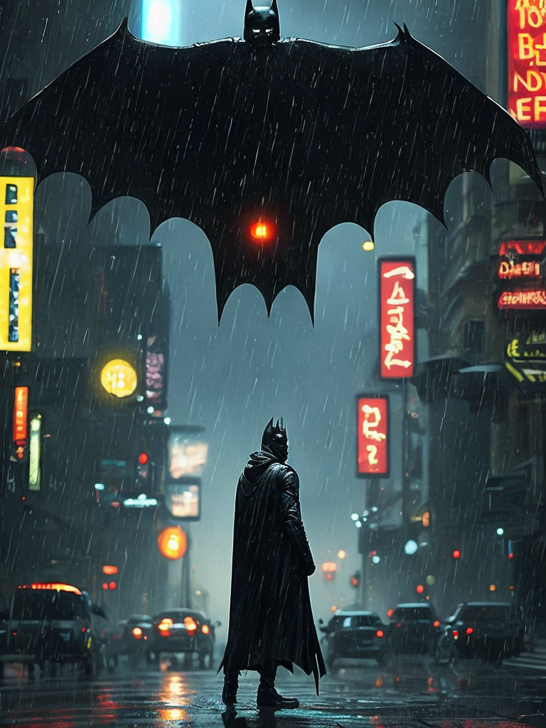 Batman in the setting of the movie Blade Runner walks in the rain