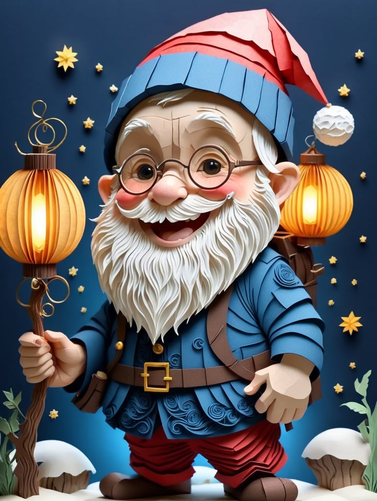 a happy Christmas gnome holding a lantern. No background.