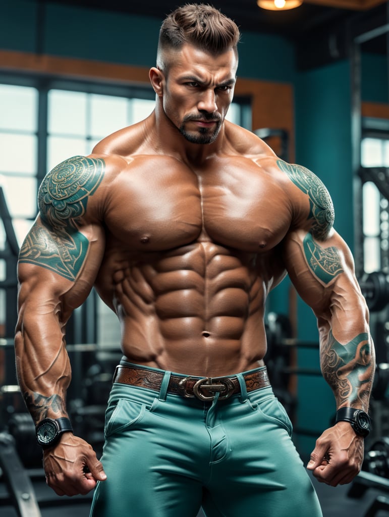 a strong looking body building guy flexing his muscles, in the style of dusseldorf school of photography, onii kei, light teal and light bronze, performance, tattoo-inspired, webcam photography, elegant realism