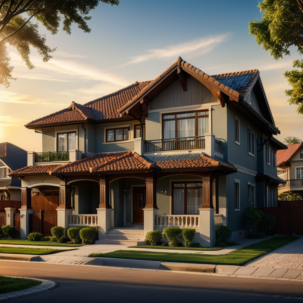 Advanced 2 floor architectural bunglow, situated in row house,slab, no roof, real life colour combination, highly detailed advanced exterior, highly detailed 3d elevation, real life day time, ultra realistic, photorealistic, 32k, UHD.