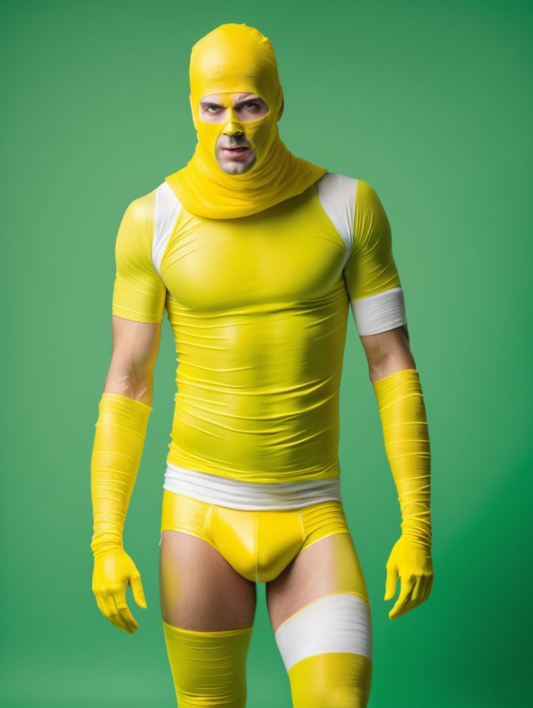 A photograph of man covered in yellow bandages with realistic style, halloween costume, green background, full body, show hands, show neck and head