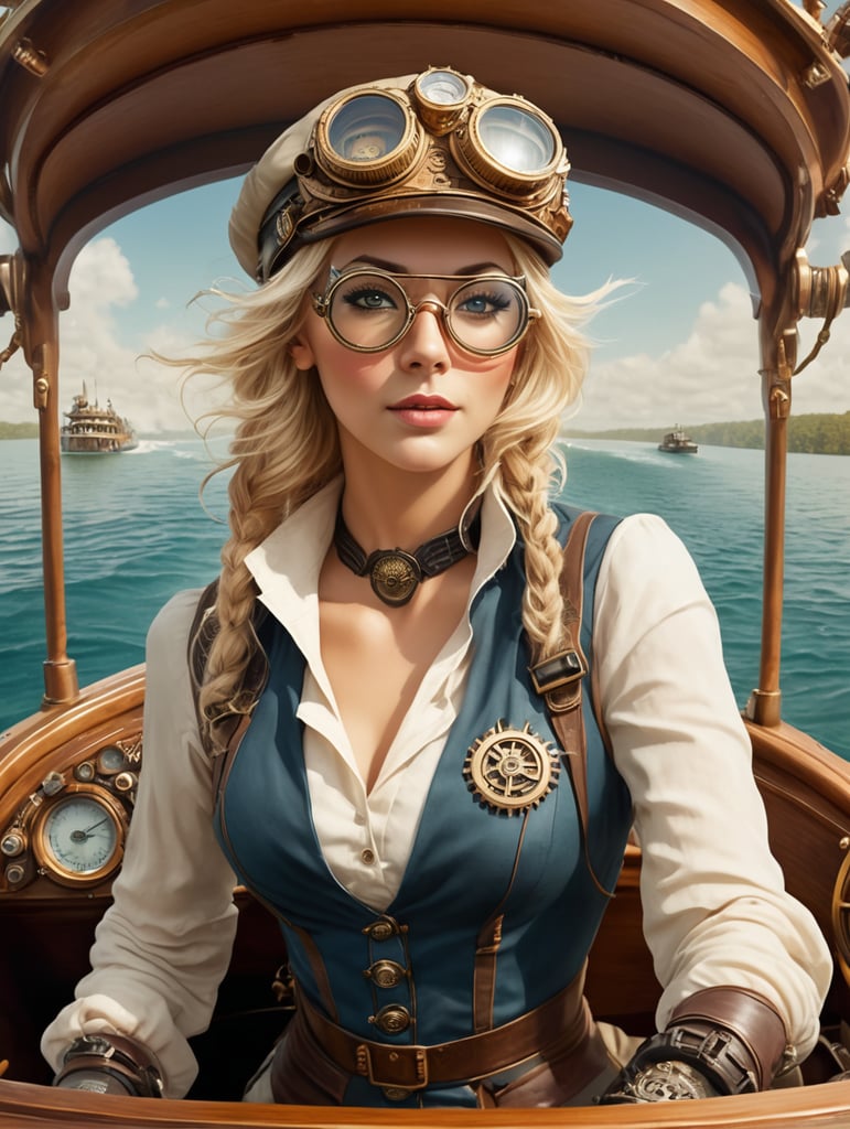 Photograph of a Steampunk Woman with glasses, Blonde hair, Adventurers outfit, (Hat with Goggles), driving a Steampunk speed boat on water, boat coming at camera, Art Deco, style of Jules Vern, Extremely Detailed, Intricate