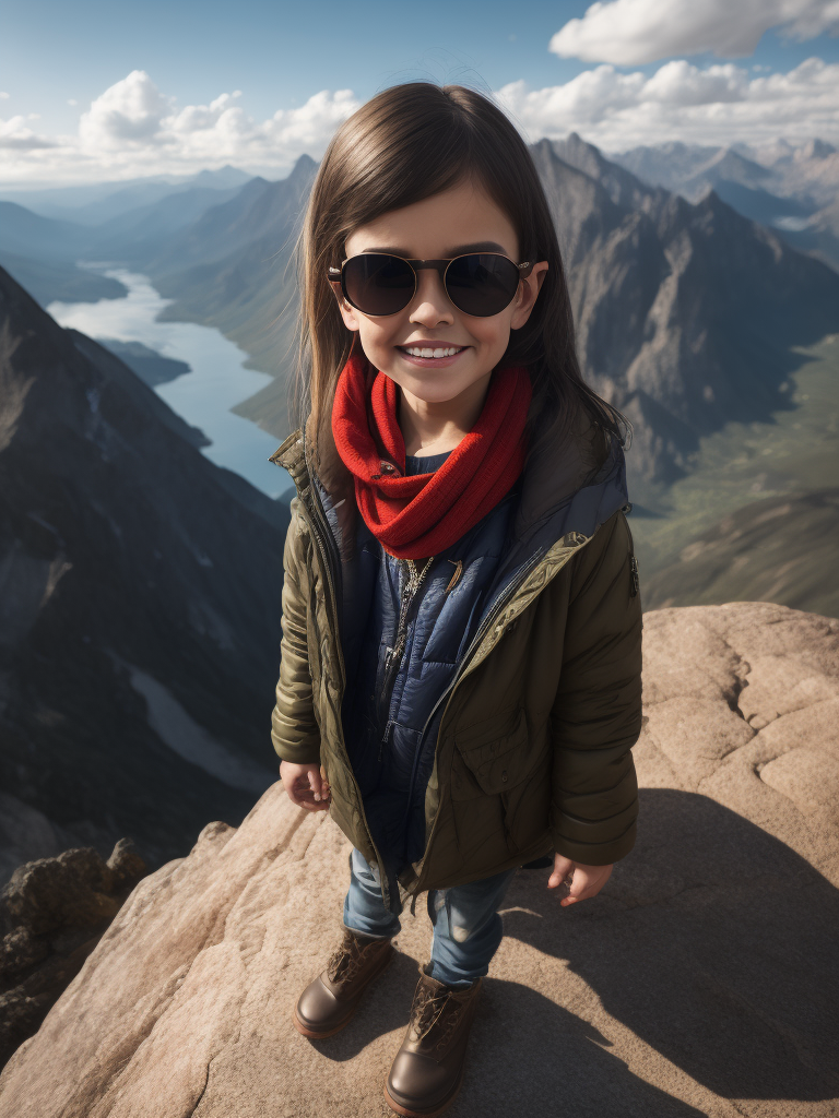 create one beautiful girl with 6years old. She will stand on mountain and wear sun glass.