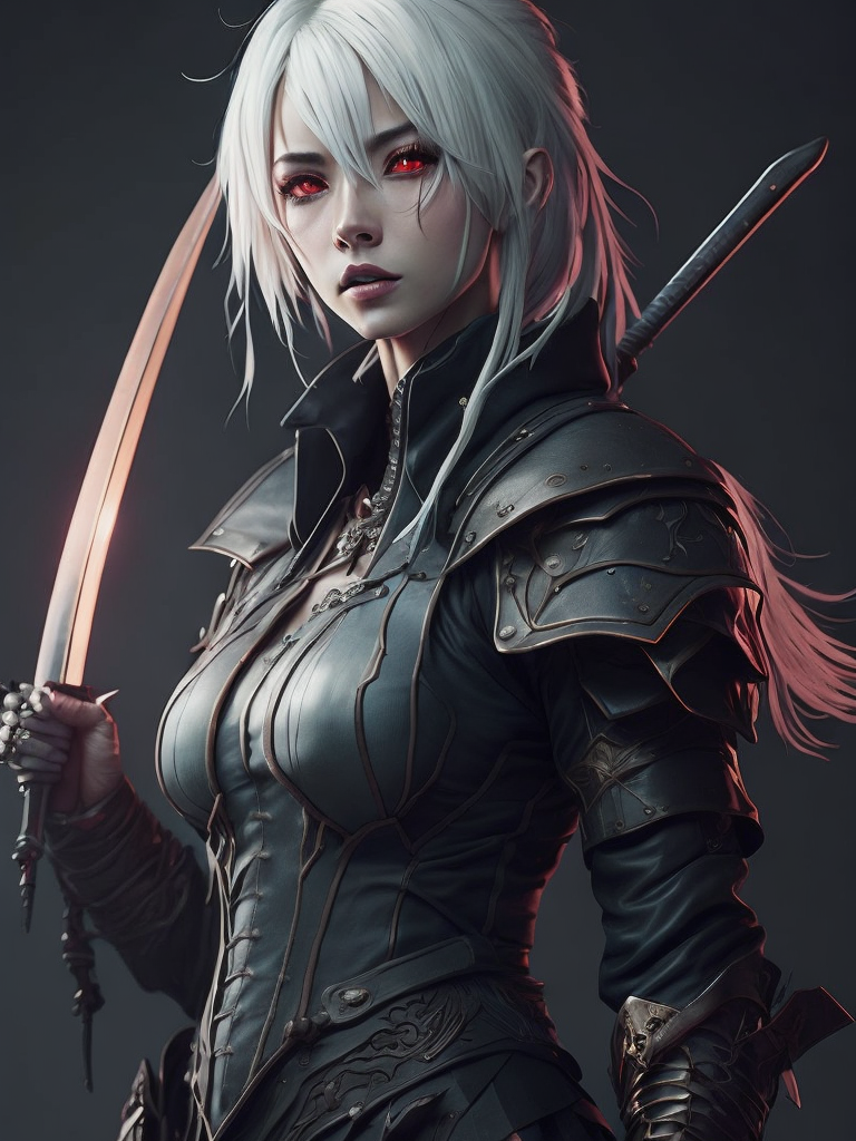 Create a digital artwork featuring an anime girl with white hair and red eyes, holding a sword