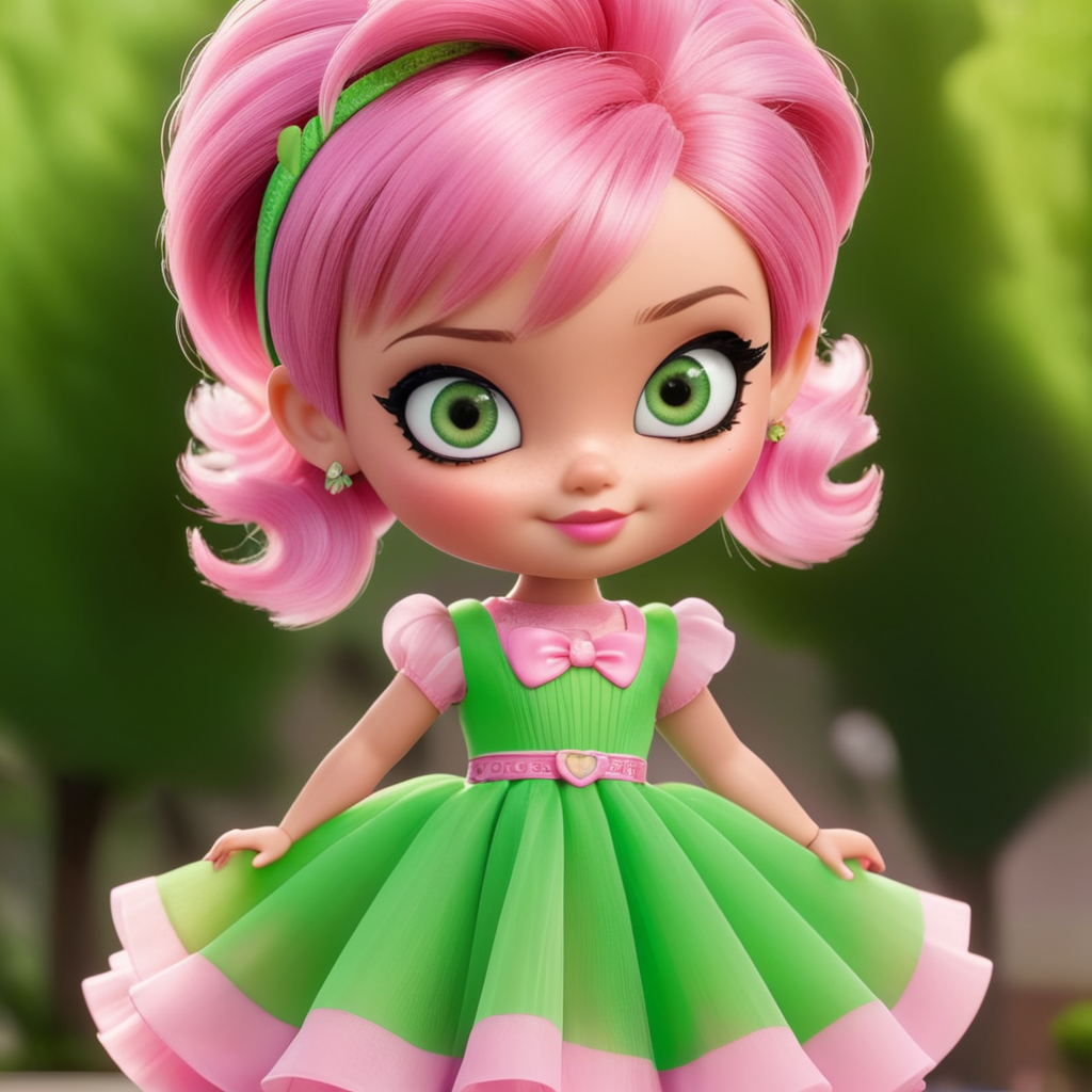 Bratz doll with pink pixie haircut, green eyes and pink dress