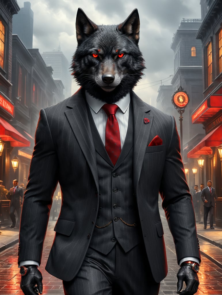 realistic black wolf with red eyes, wearing a grey pinstripe 3 piece suit that resemebles a sheepskin and monkstrap dress loafers,8k, unreal engine render, full body wearing a Rolex watch and pinky ring and neck tie