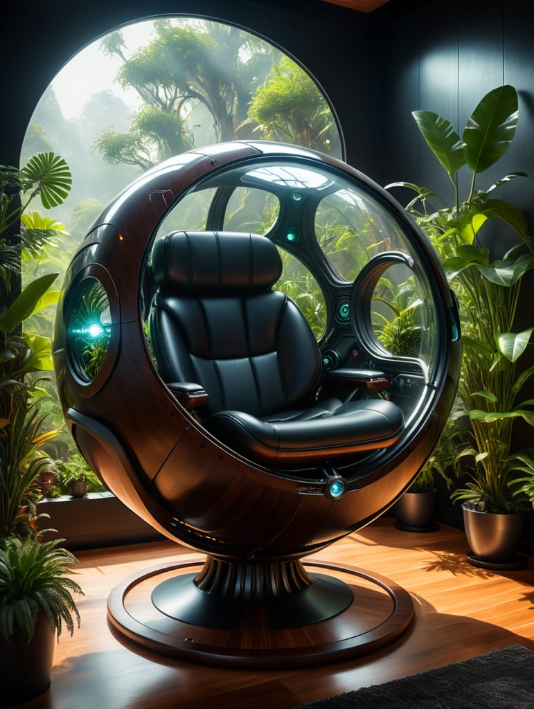 Futuristic sci-fi pod chair, flat design, product-view, exclusive photography, transparent orb, natural lighting, plants around, natural daytime lighting, natural wooden environment
