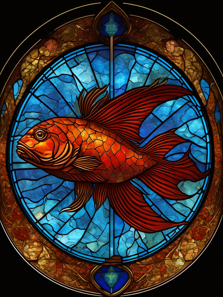 stained glass effect, zodiac sign, Pisces, beautiful, mystical, reddish background, celestial style