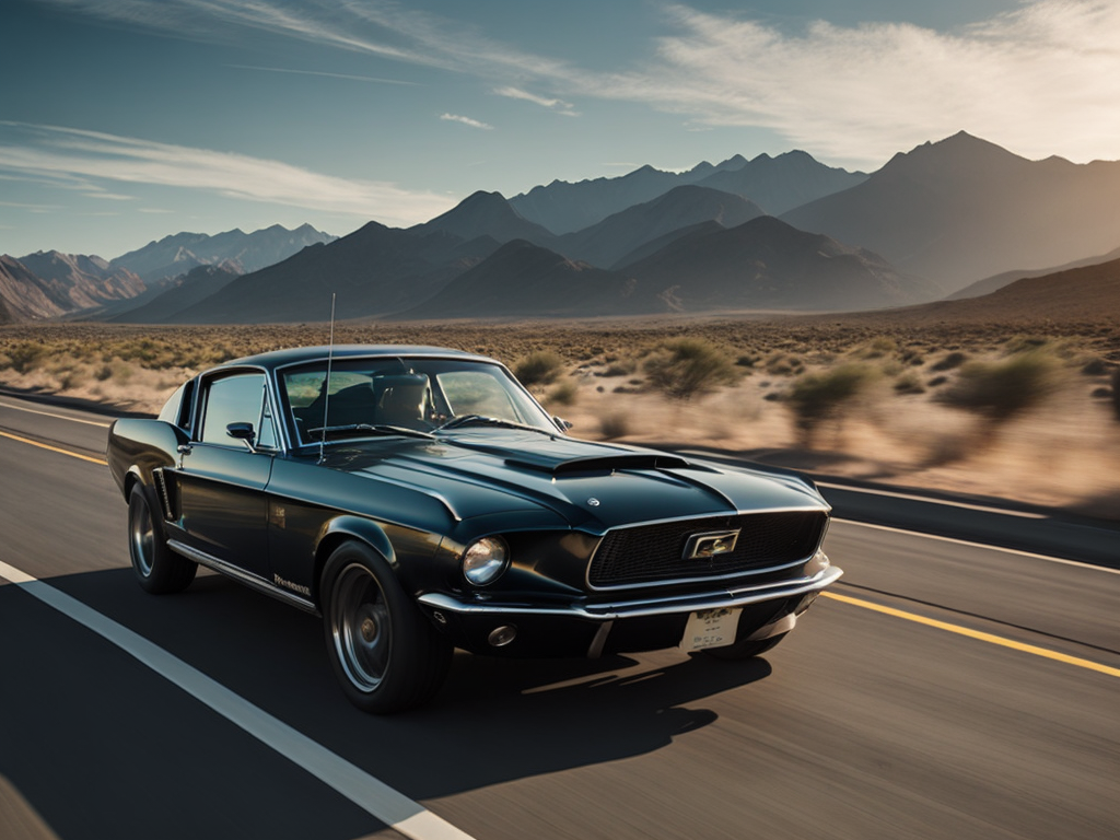 1968 black ford mustang on the highway, speeding towards the sun, sunset, mountains in the background