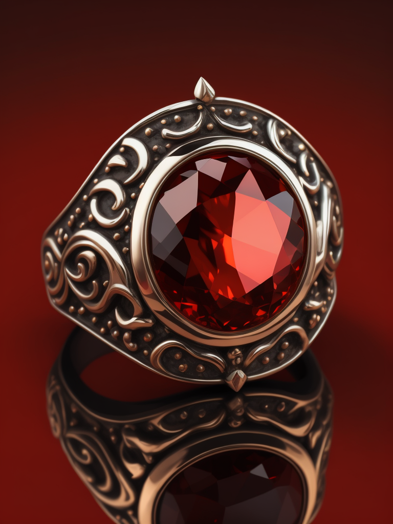 Royal silver ring with ruby, fantasy style, bright red background, rich colors, contrasting light, deep colors, high details