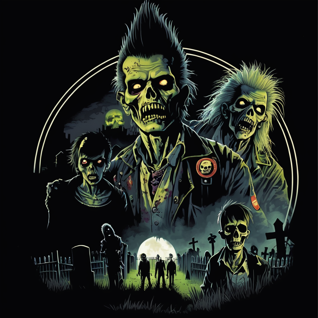 Night of the living, dead punk rock zombies in a graveyard high-quality details, deep focus, professional shot