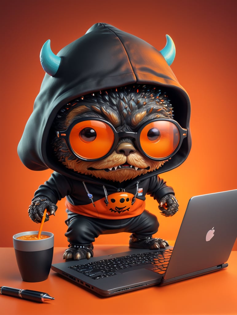 mascot monster typing laptop, a cute mascot character wearing black hoodie and glasses, orange color, funko pop, vibrant gradient background,