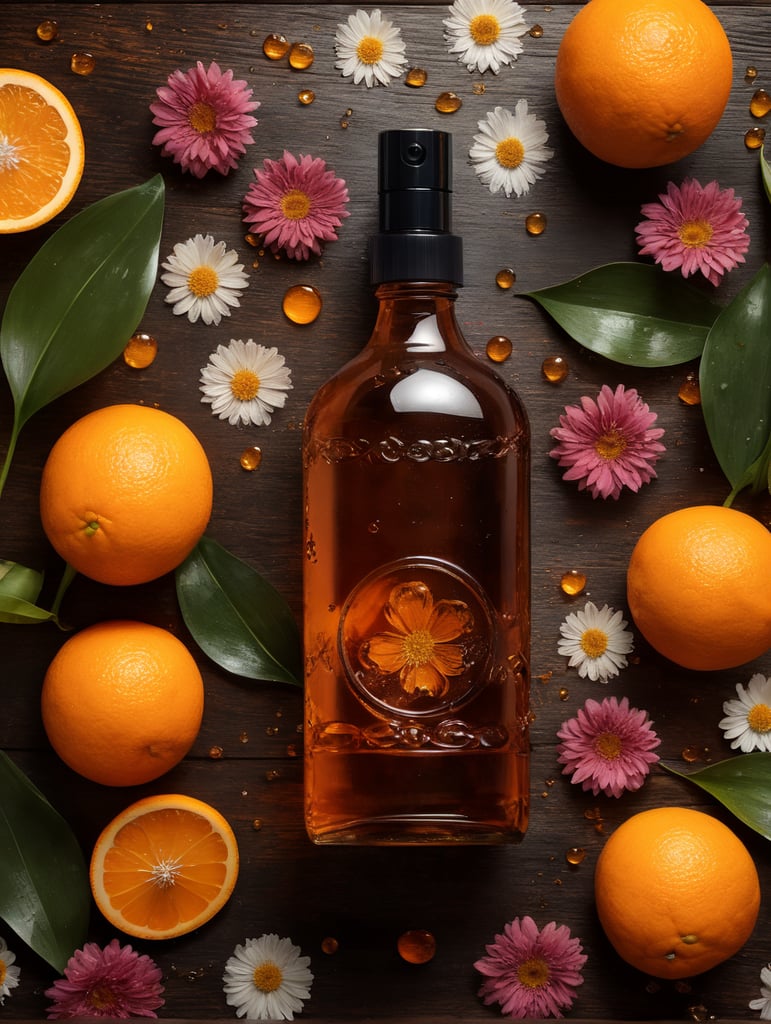 agua, vinagre y esencia de naranja sobre una mesa de madera, con flores al rededor y una atomizador, vistos desde arriba