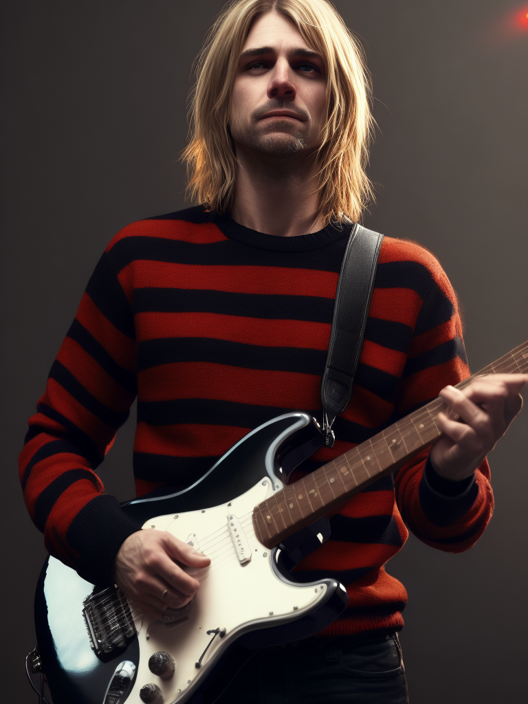 Kurt Cobain is wearing a black and red striped sweater, with an electric guitar, Vivid saturated colors, Contrast light, studio photo, professional photo, Detailed image, detailed face