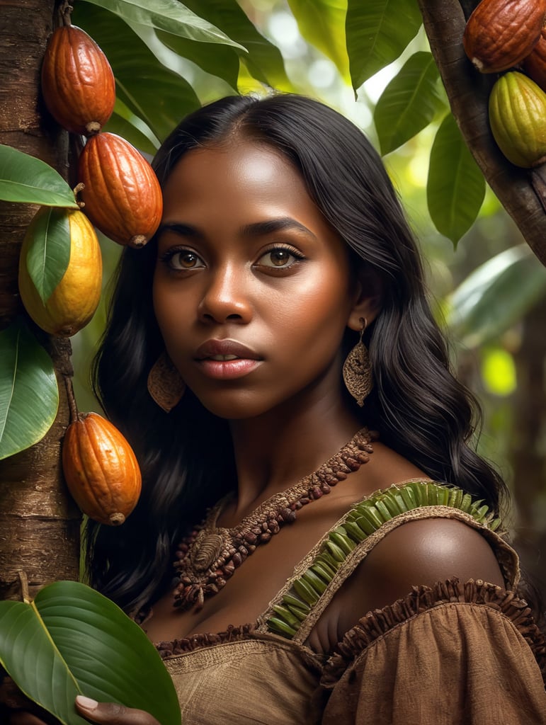 Portrait of a young, dark and beautiful girl growing cocoa fruits from South America in folk Latin American dramatic lighting, depth of field, grove of cocoa trees in the background Incredibly high detail, holding fresh fresh cocoa fruits in her hand