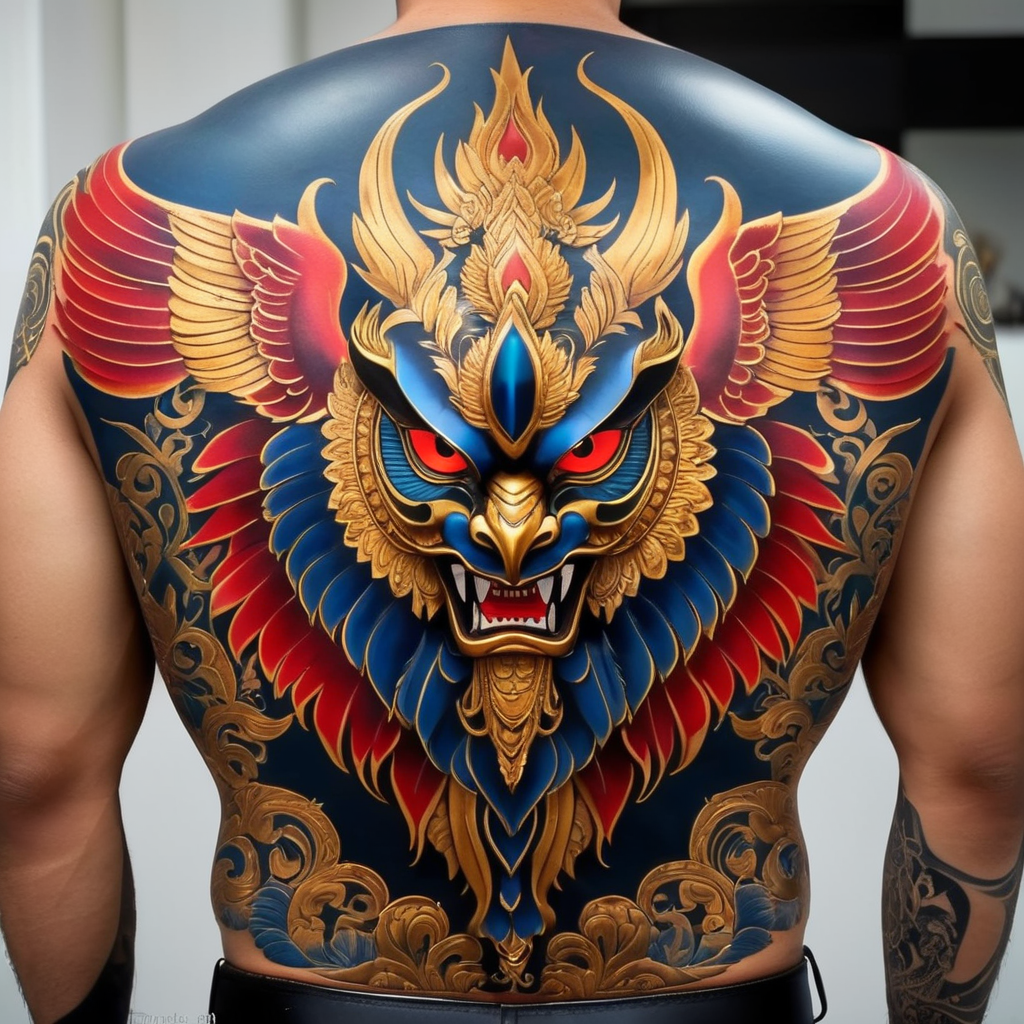 tattoo, Garuda, Thai modern, full back, red, blue, gold, powerful, strong, majestic, protective, sacred