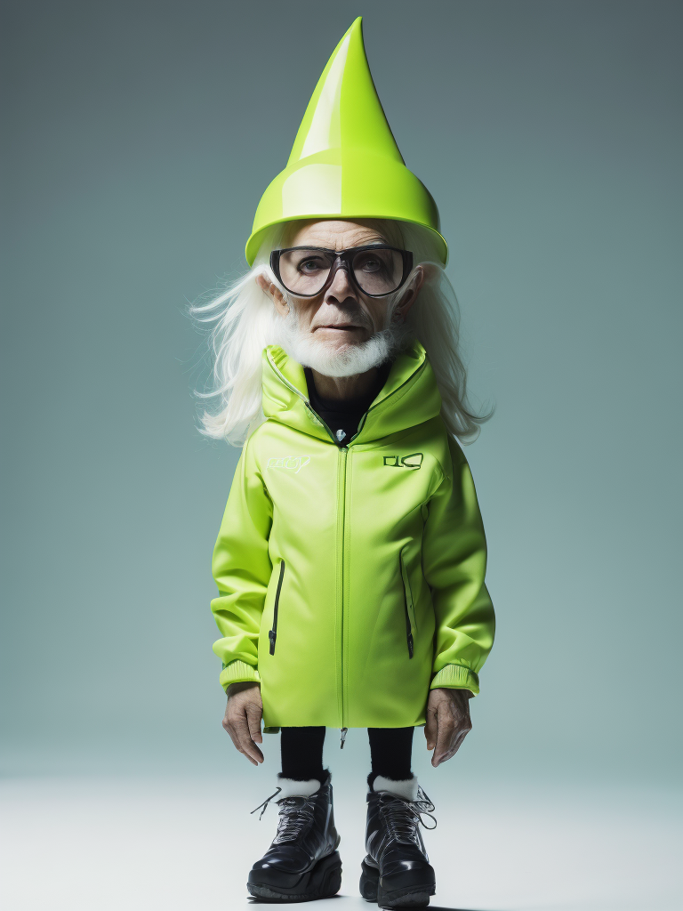a gnome from fairytale supermodel 76 years old wearing a neon green helmet dressed in athletic clothing and glasses, in the style of futuristic glam, retro futurism, neon green clothing, glasses without color, clear glass, long white hair, teal background, mike campau, anton fadeev, high gloss, mono-ha