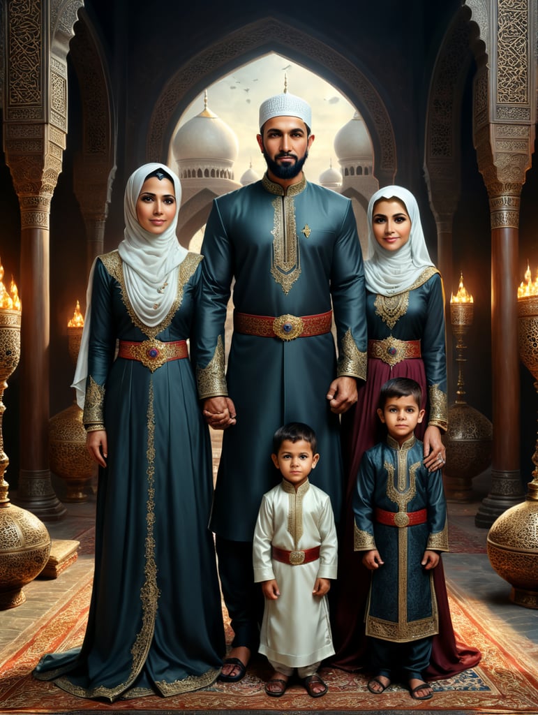 Muslim husband and wife couple with two sons, one of whom is 5 years old and the other is 8 years old