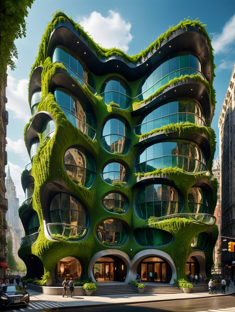 dream prompt: wide viewing angle of a green palette hyper realistic futuristic neocosmic luxury exterior architecture of a complex lines Fluid facade of a complex in a shape of stones waves spectrum, Antoni Gaudi style, dramatic ambience, in new york city,hyper detailed, light studio, camera nikon, 8k, --s1000 --style raw