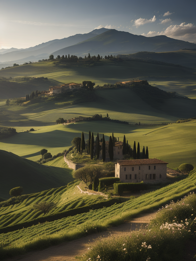 Italian landscape tuscany, photorealistic, serene, peaceful, majestic, high detail, landscape, ultra hd, matte painting, highly detailed, concept art, contrast light, deep colors