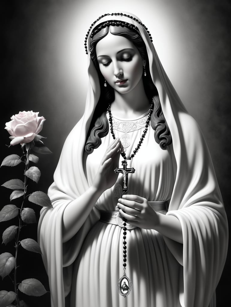 virgin mary holding a roseary with rose in background, black and white