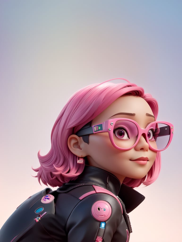cyborg android, dressed in pink glasses and a leather jacket