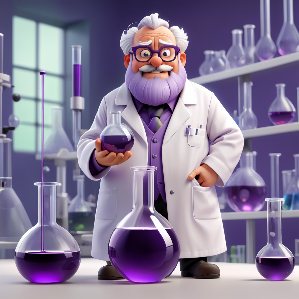 A 3D illustration of a scientist in a laboratory. The scientist is an older man with a white beard and glasses. He is wearing a white lab coat and a purple shirt. He is holding a test tube in his hand and is looking at it with a surprised expression. The background is a laboratory with various scientific equipment such as beakers, flasks, and test tubes. There is a purple liquid spilling out of one of the beakers and floating in the air.