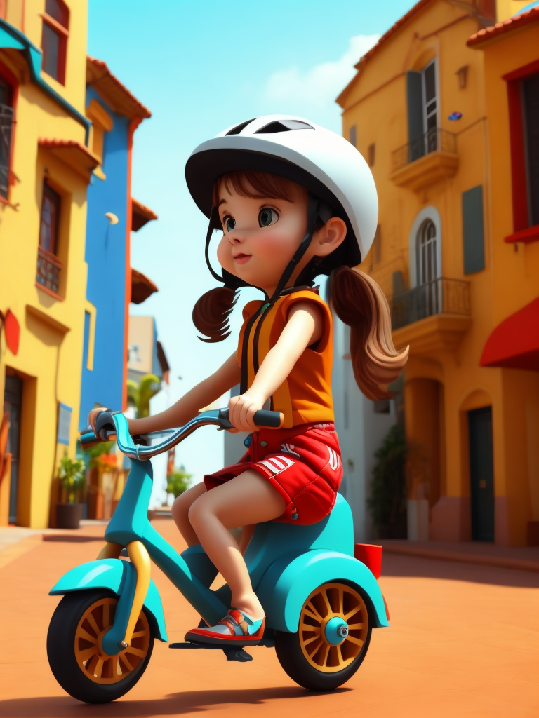 a cute little girl riding on a bike through colorful clay city, 3D Clay Animation