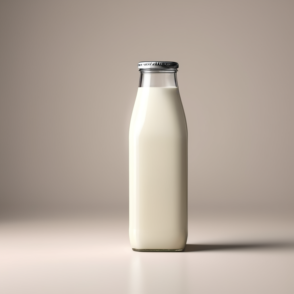 A mockup of a square glass bottle of milk.