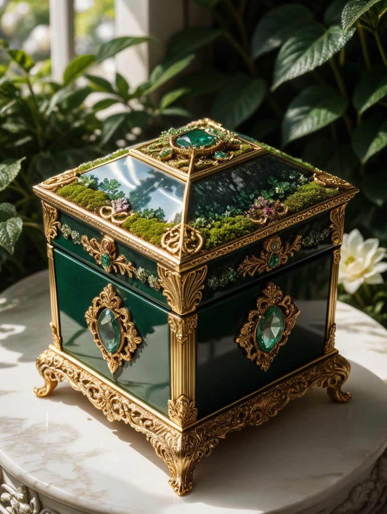 "A luxurious and elegant jewelry box placed on a white background. When opened, the inside reveals a miniature magical garden with a few lush green trees and a beautiful, ornate building nestled among them, as if the box contains an entire hidden world."